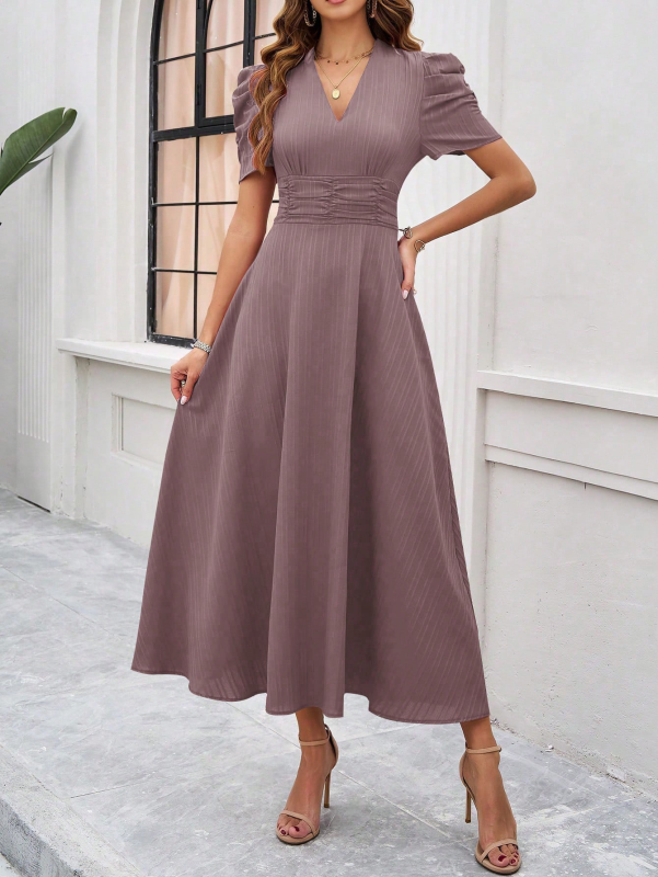 Cecily - V-Neck Midi Dress with Puff Sleeves and Ruched Waist