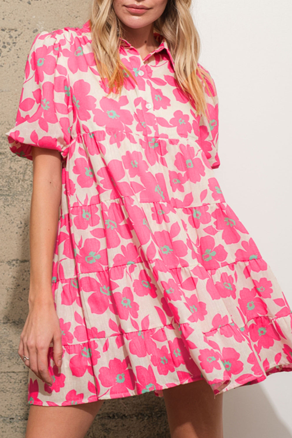 Carly - Floral Mini Shirt Dress with Puff Sleeves and Tiered Design