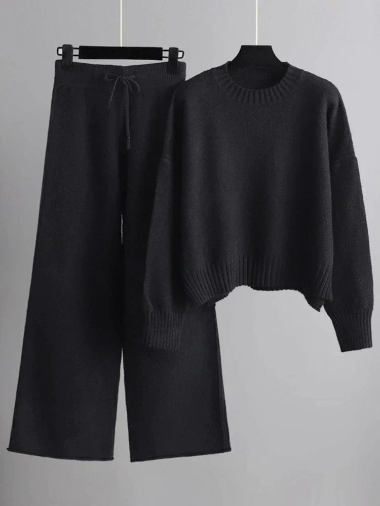 Evangeline - Winter Knit Duo Sweater and Wide-Leg Pants Set for Women