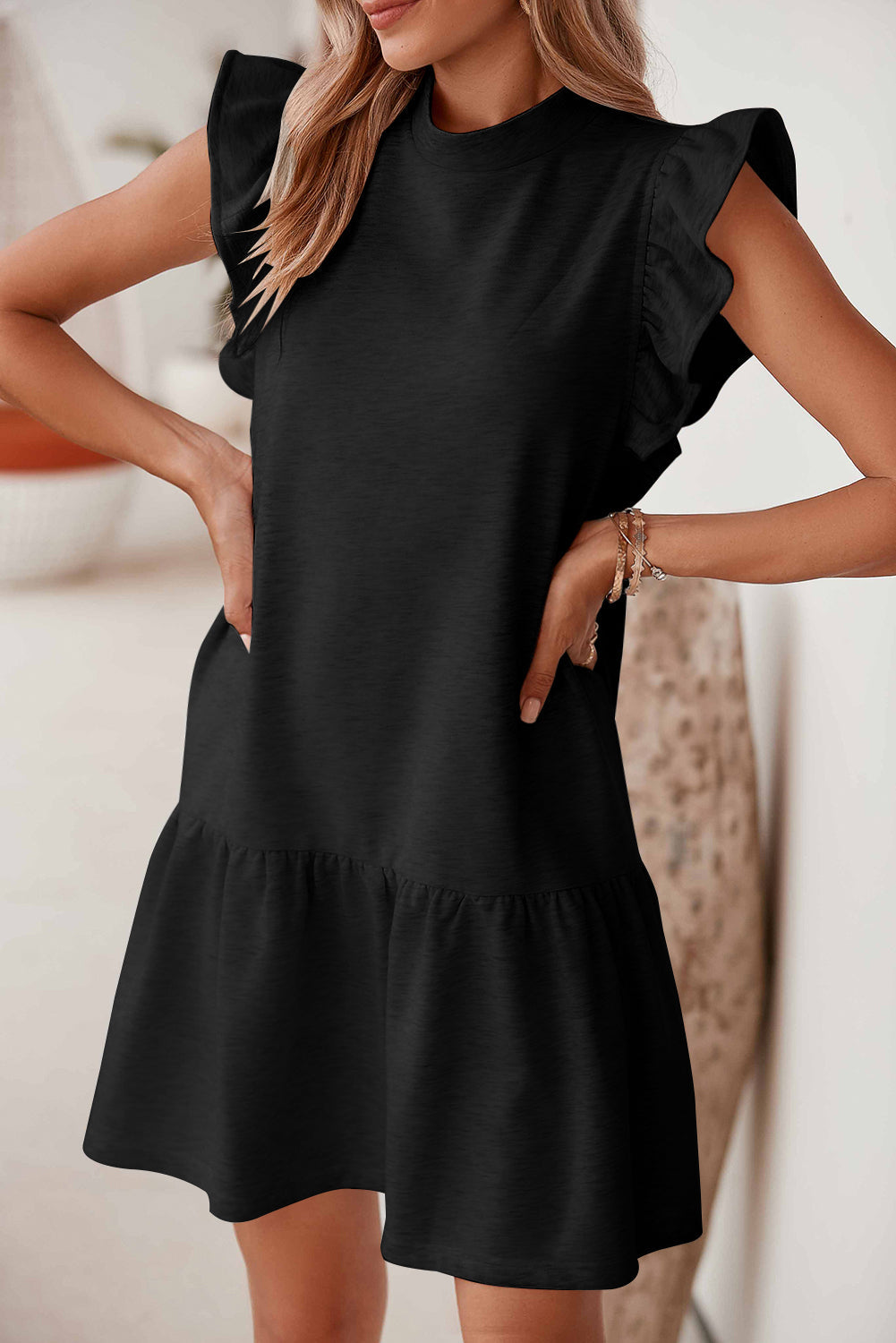 Harmony - Crew Neck Shift Dress with Flutter Sleeve