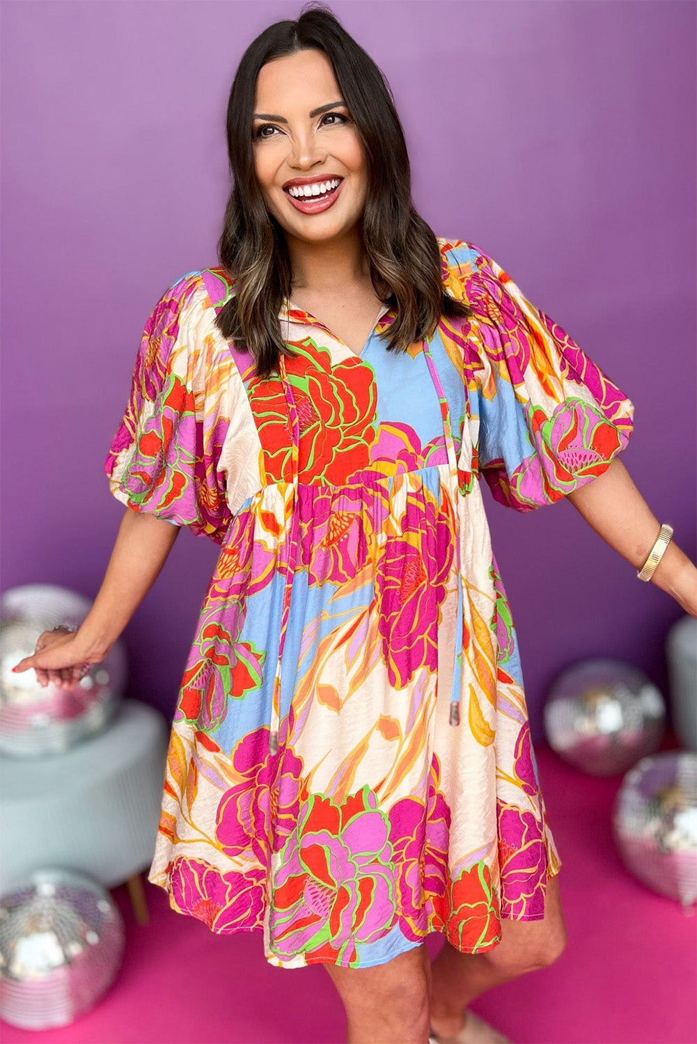 Bonnie - Floral Print Babydoll Dress with Split Neck and Puff Sleeves