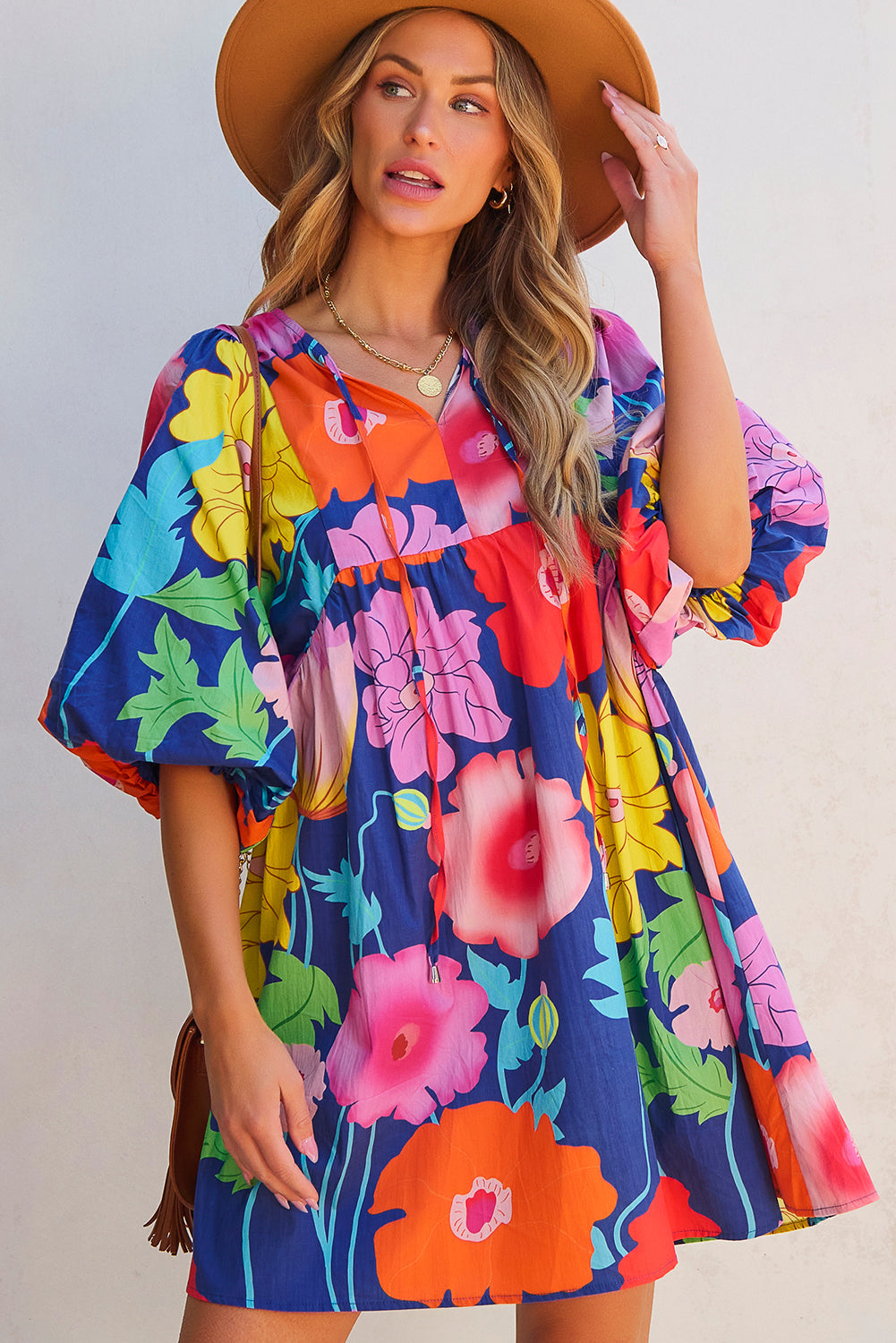 Bonnie - Floral Print Babydoll Dress with Split Neck and Puff Sleeves