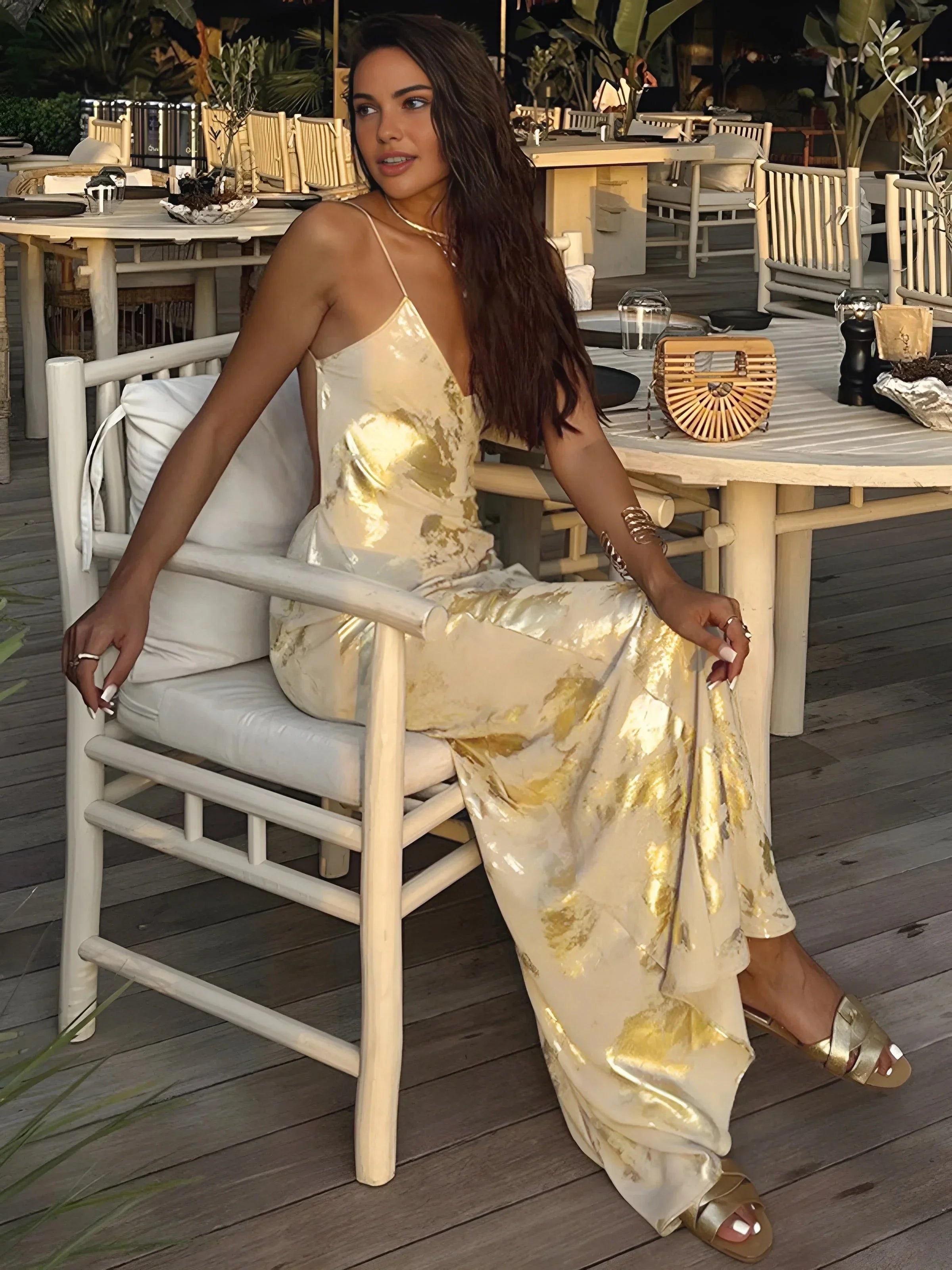Aireen - Women’s Gold Foil Satin Maxi Dress with Straps