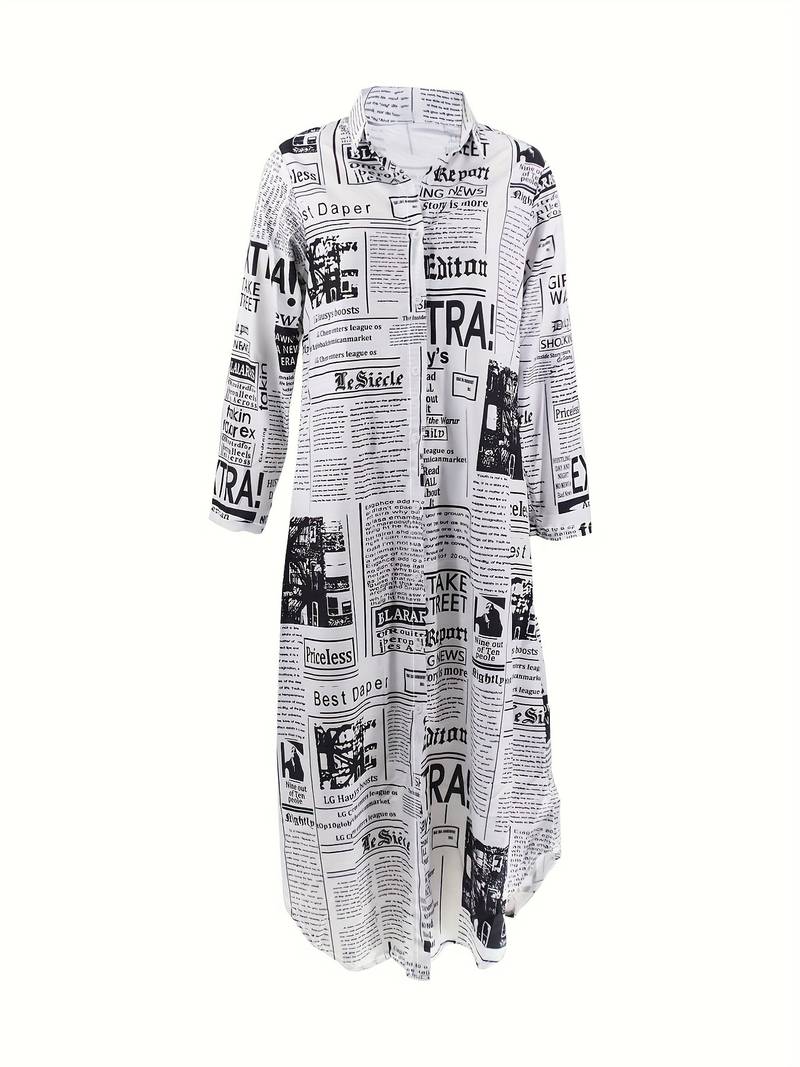 Elsie - Buttoned Maxi Dress News Print Elegant Summer Wear