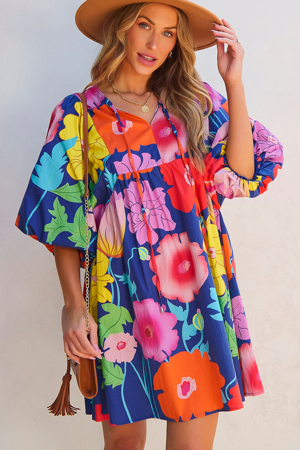 Bonnie - Floral Print Babydoll Dress with Split Neck and Puff Sleeves