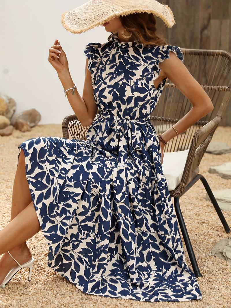 Eleanor - Ruffled Sleeve Leaf Print Summer Dress with Belt