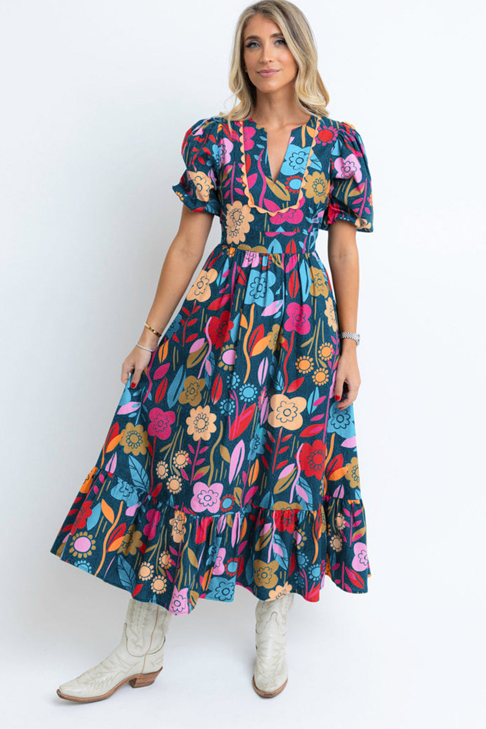 Giselle - Floral Split Neck Maxi Dress with Retro Print