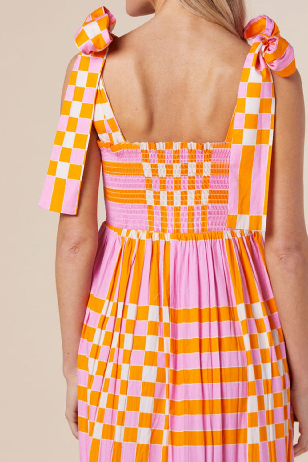 Naomi - Boho Gingham Smocked Maxi Dress with Tied Straps