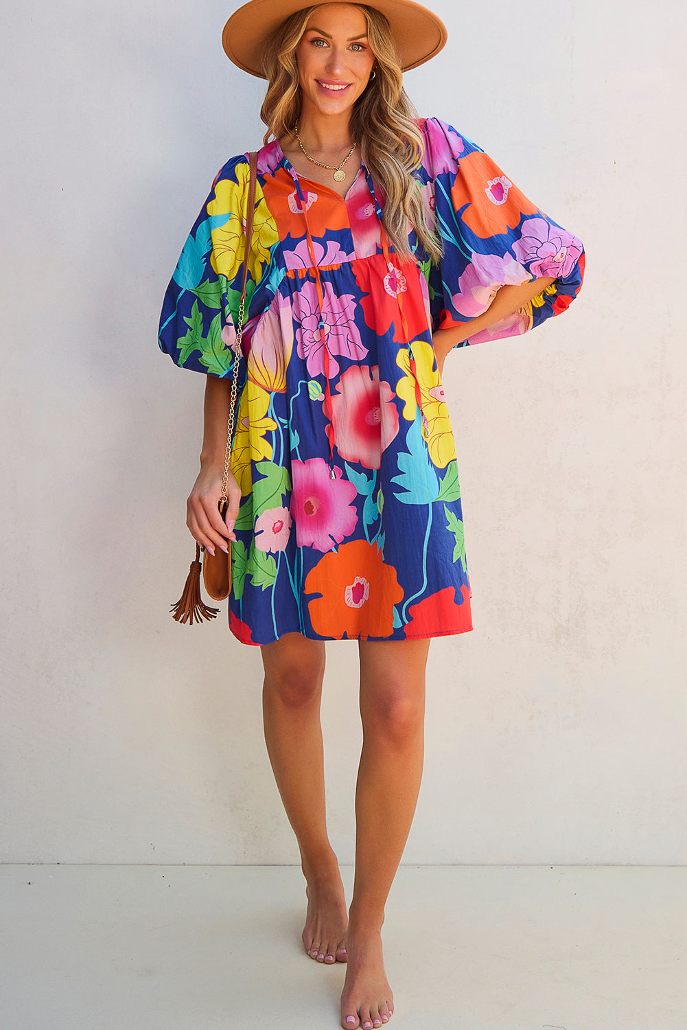 Bonnie - Floral Print Babydoll Dress with Split Neck and Puff Sleeves