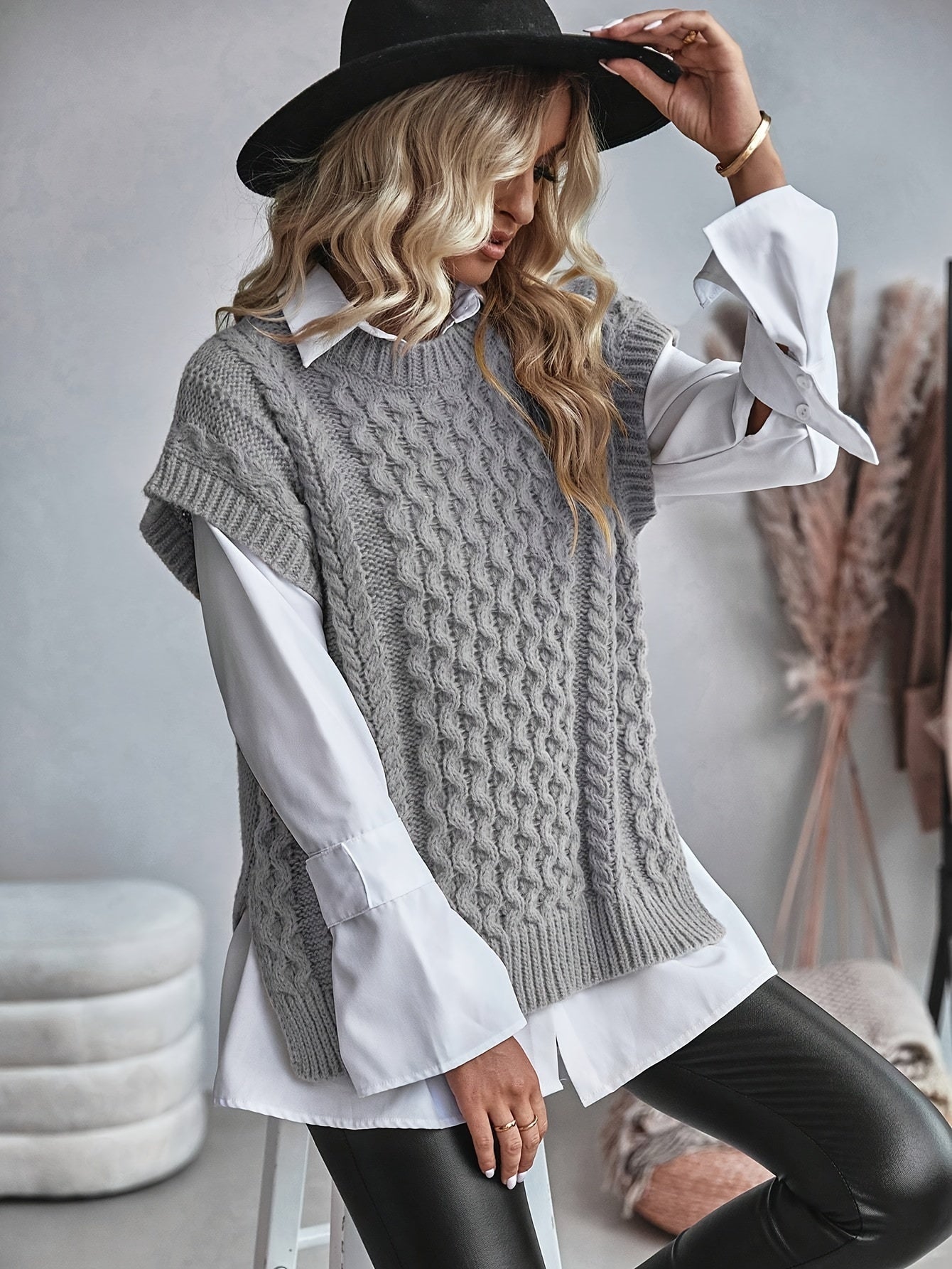 Audrey - Elegant Cable Knit Vest with Split Hem for Women