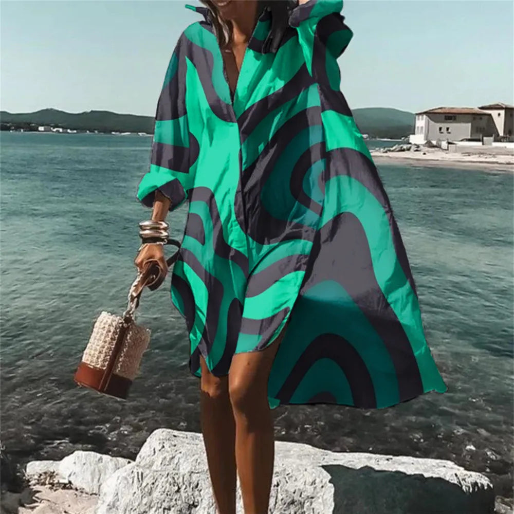 Sophie - Women Abstract-Print Oversized Button-Down Shirt Dress