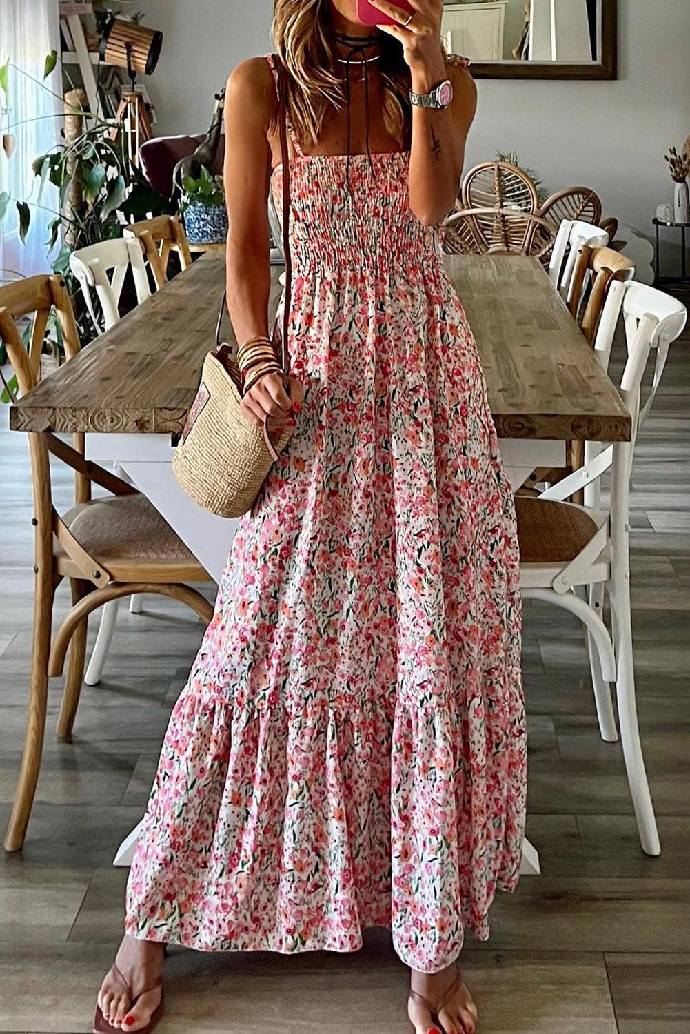 Ruby - Boho Floral Smocked Ruffle Maxi Dress