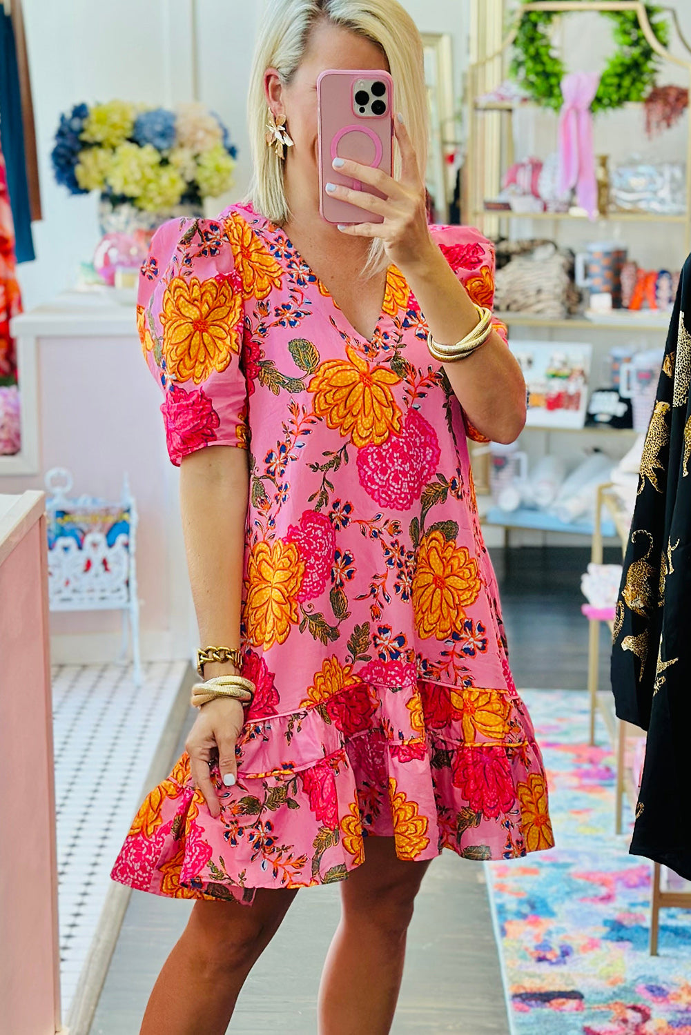 Matilda - Floral Bubble Sleeve V Neck Ruffled Dress