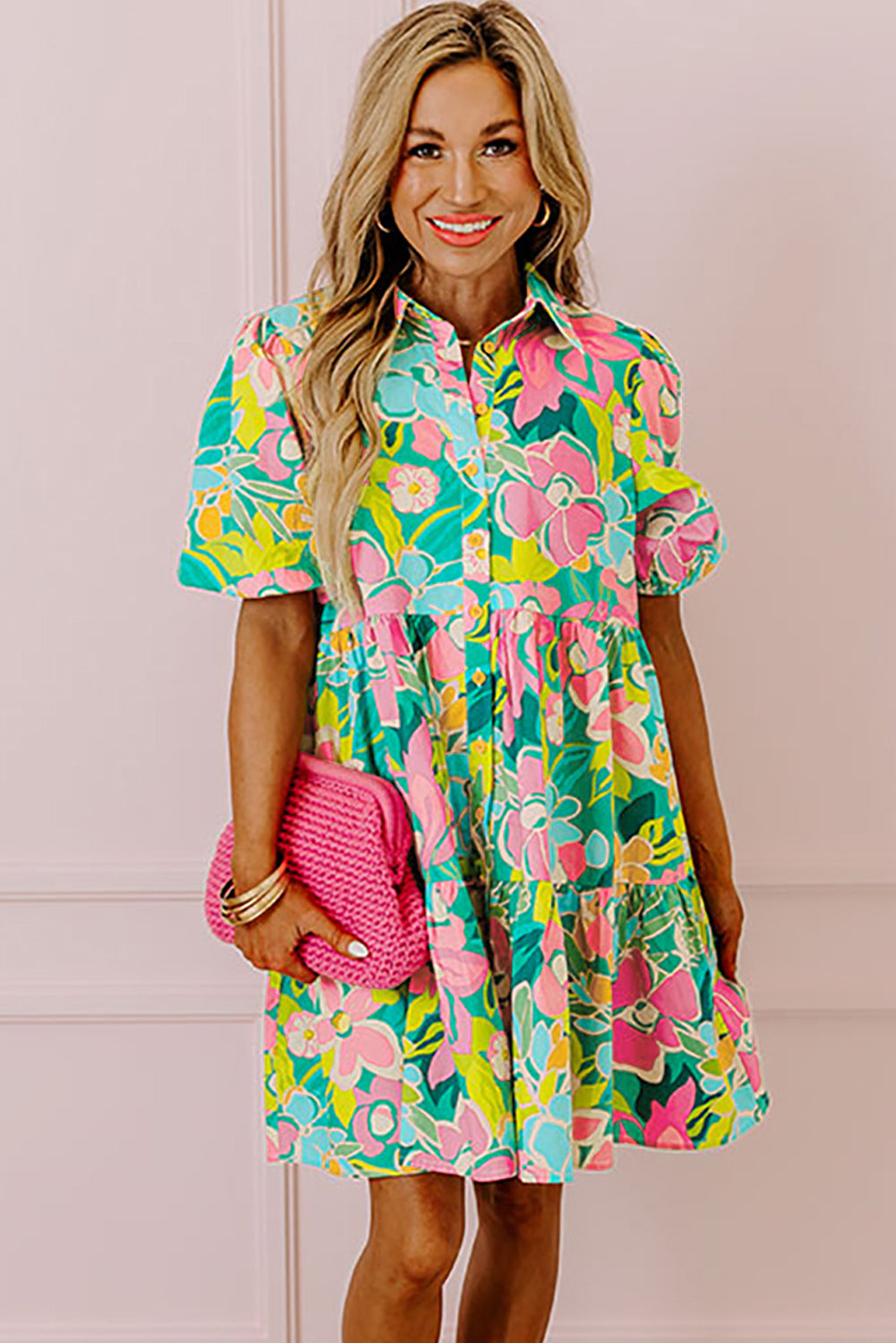 Ariella - Floral Print Babydoll Dress with Puff Sleeves and Buttoned Front