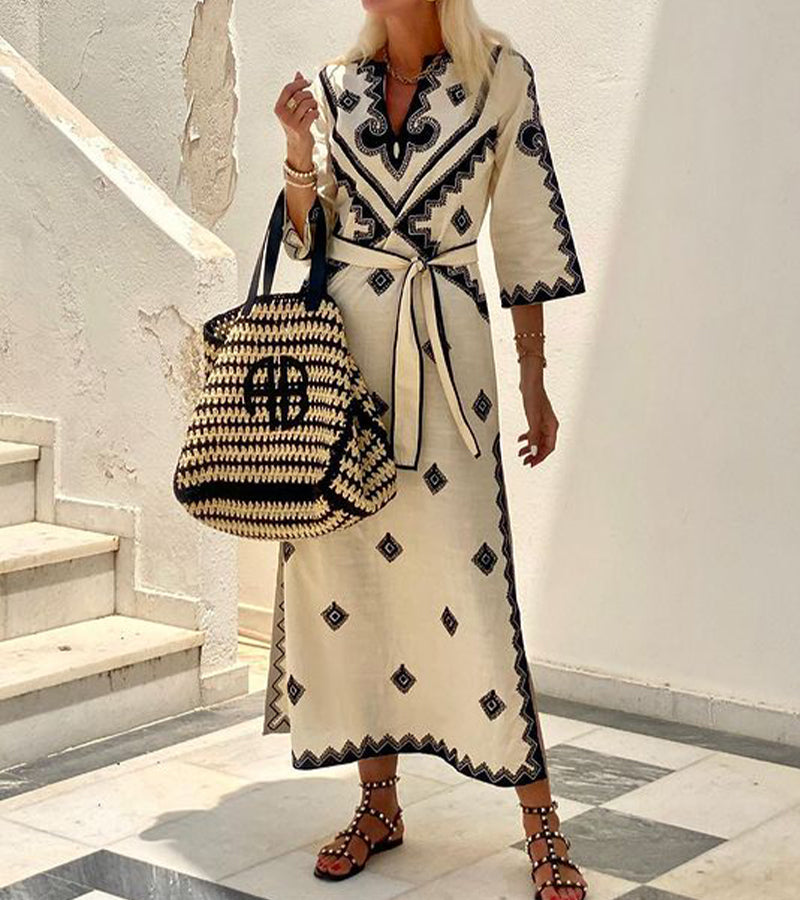 Emilia - Women’s Embroidered V-Neck Kaftan Dress with Flowing Fit