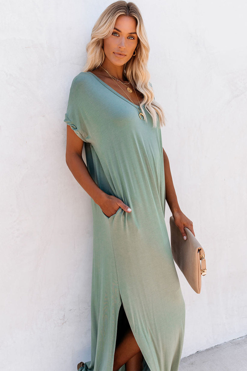 Leila – V-Neck Maxi T-Shirt Dress with Pockets & Side Slits