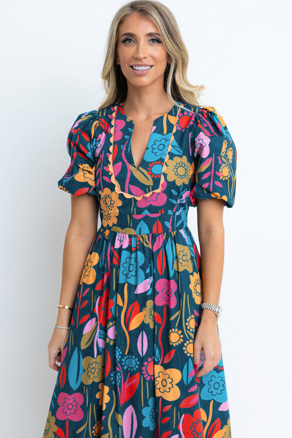 Giselle - Floral Split Neck Maxi Dress with Retro Print