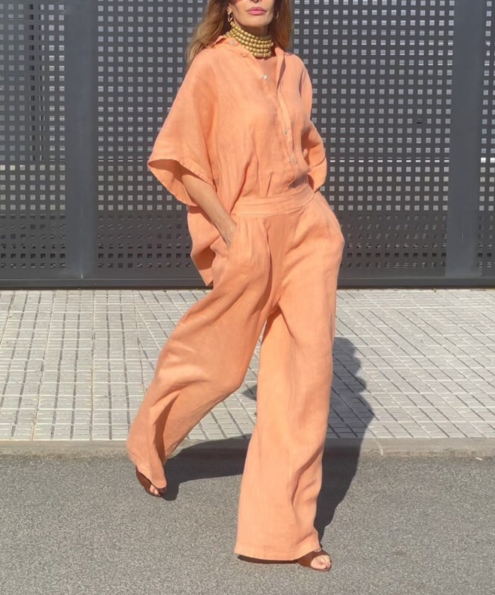 Indiana - Oversized Linen Shirt and Wide-Leg Pants Set Lightweight and Effortless