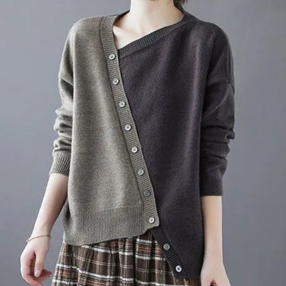 Soleil - Asymmetrical Button Sweater Modern Two-Tone Knit for Effortless Style