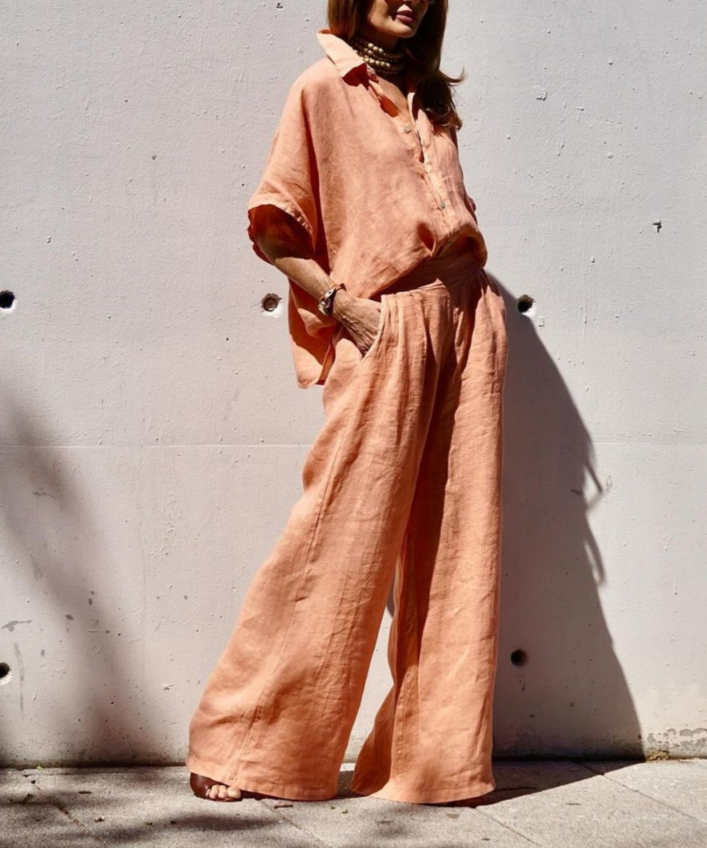 Indiana - Oversized Linen Shirt and Wide-Leg Pants Set Lightweight and Effortless