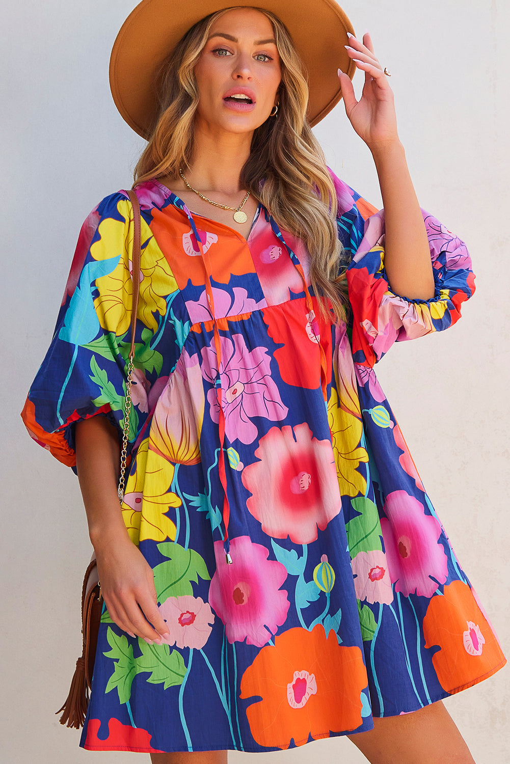 Bonnie - Floral Print Babydoll Dress with Split Neck and Puff Sleeves