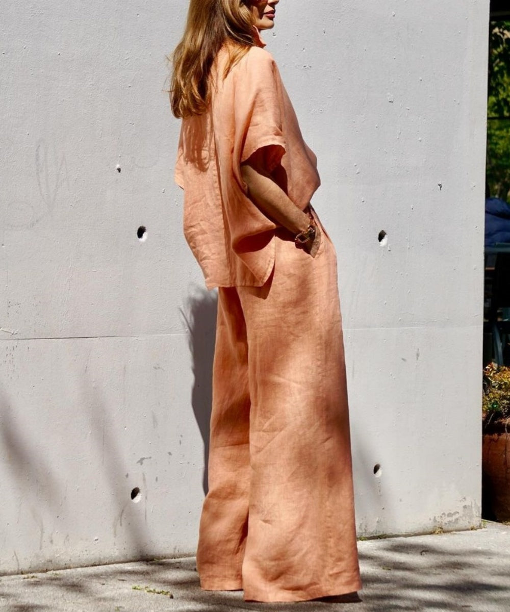 Indiana - Oversized Linen Shirt and Wide-Leg Pants Set Lightweight and Effortless