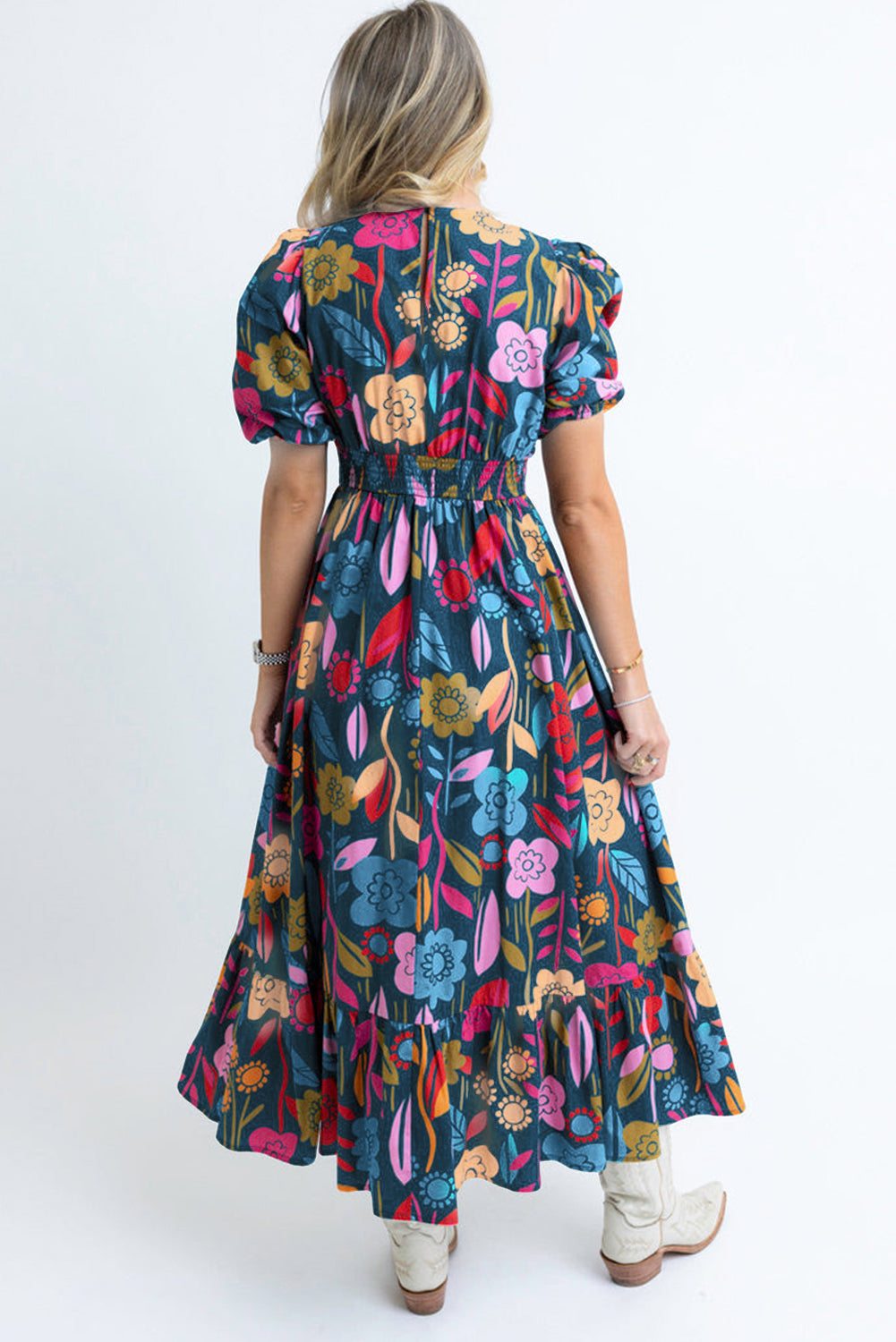 Giselle - Floral Split Neck Maxi Dress with Retro Print