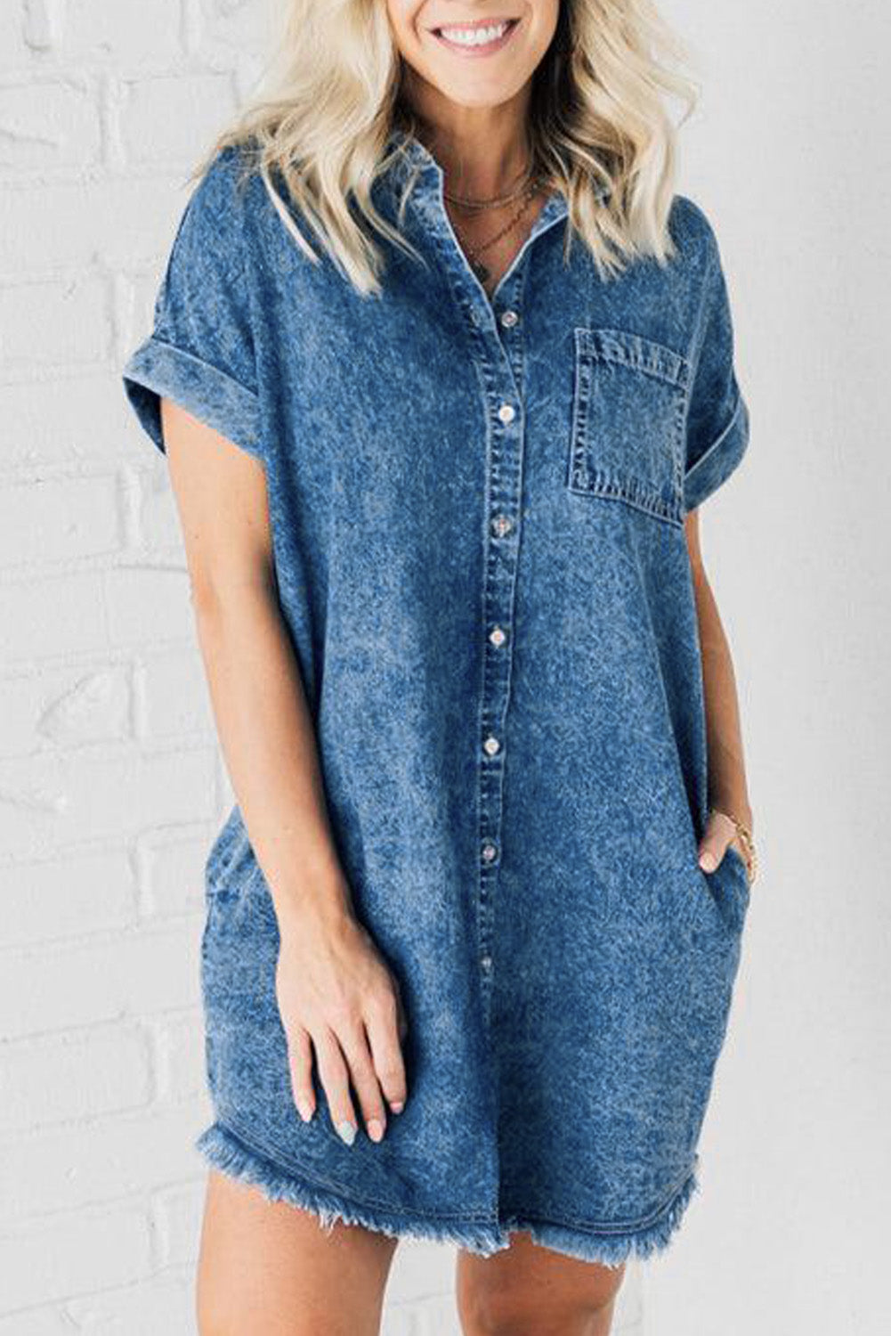 Gwen - Cuffed Sleeve Frayed Hem Denim Dress