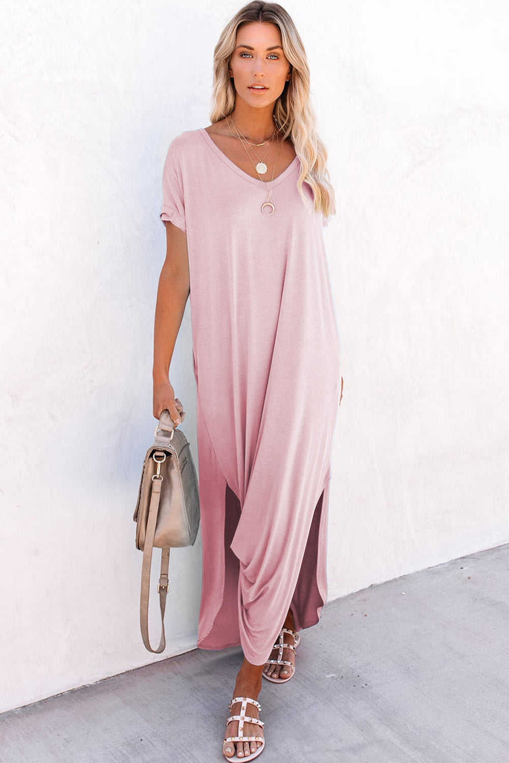 Leila – V-Neck Maxi T-Shirt Dress with Pockets & Side Slits