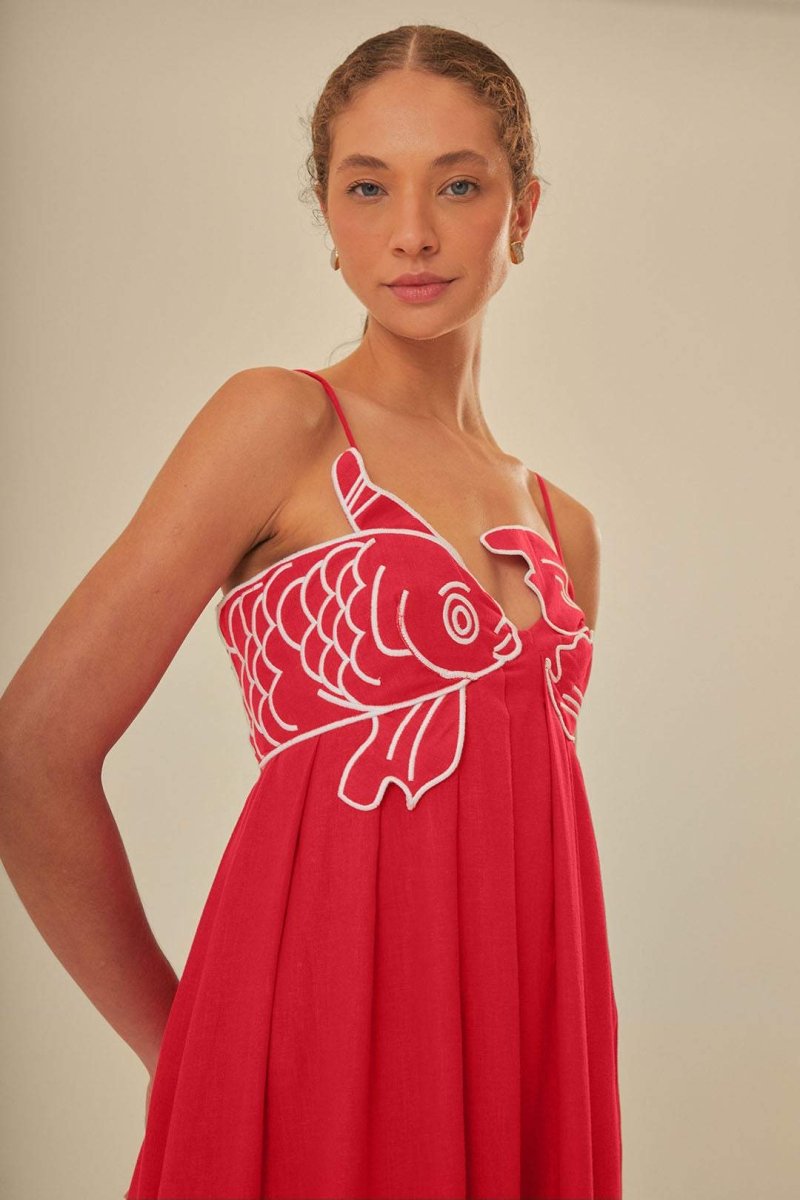 Jacinda - Goldfish Embroidered Maxi Slip Dress Cotton for a Summer Festival Look