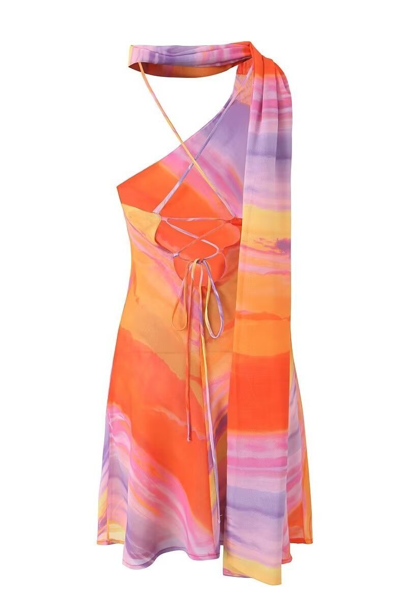 Katara - Silk Tropical Sunset Mini Dress Lightweight Chic