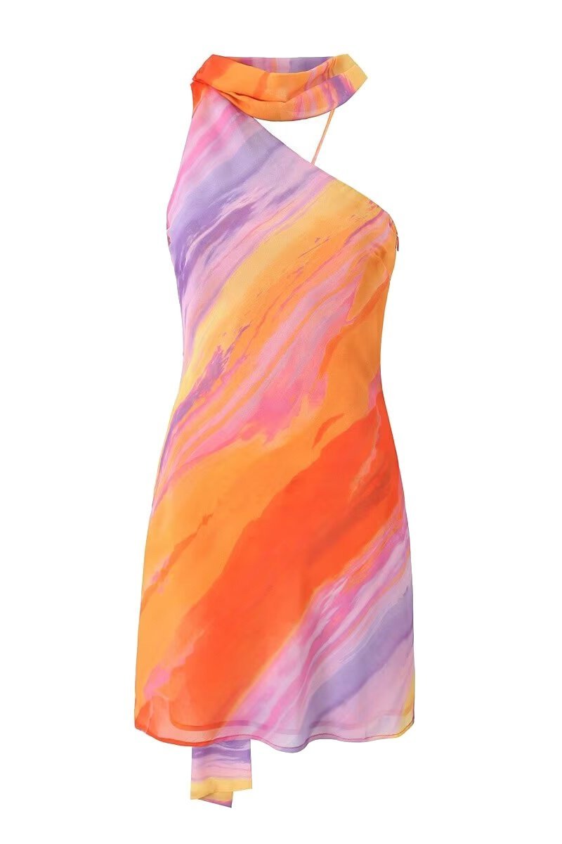 Katara - Silk Tropical Sunset Mini Dress Lightweight Chic