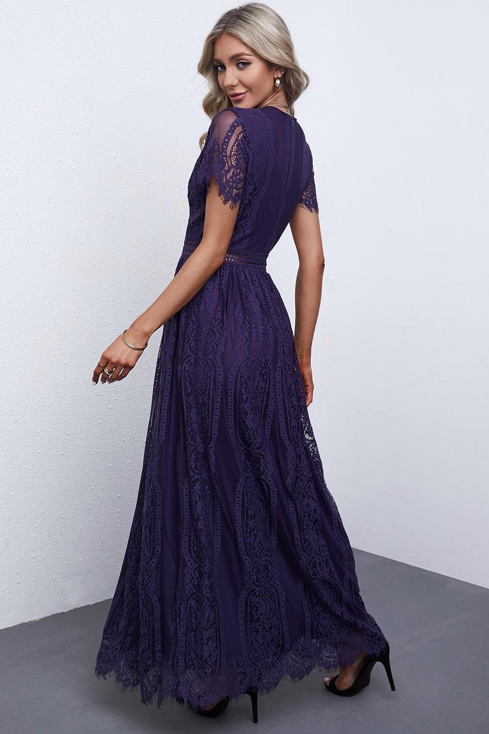 April - Elegant Royal Lace Maxi Dress with V-Neckline