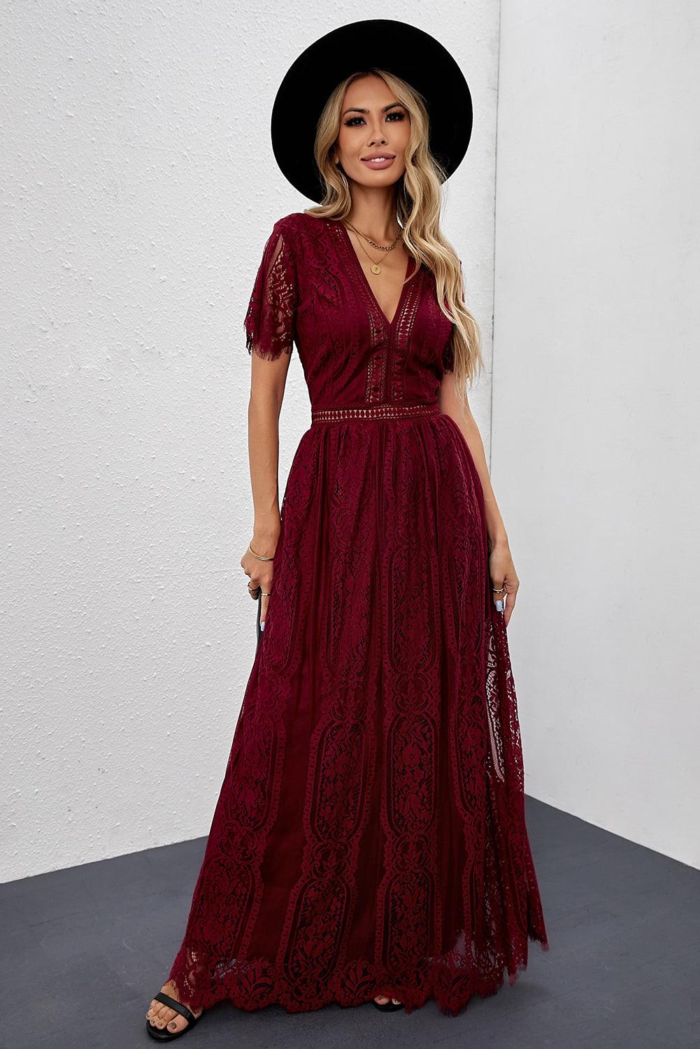 April - Elegant Royal Lace Maxi Dress with V-Neckline