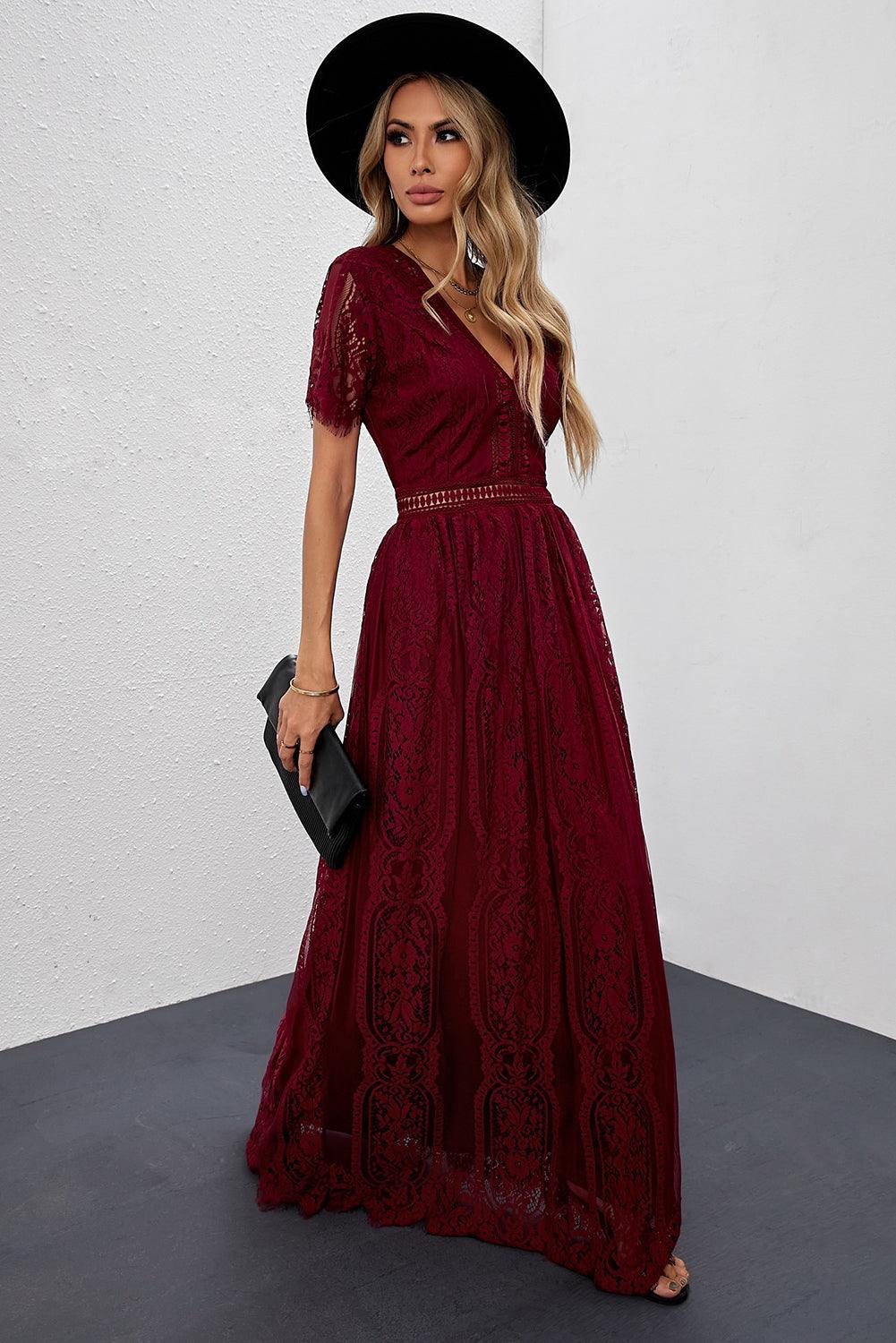 April - Elegant Royal Lace Maxi Dress with V-Neckline