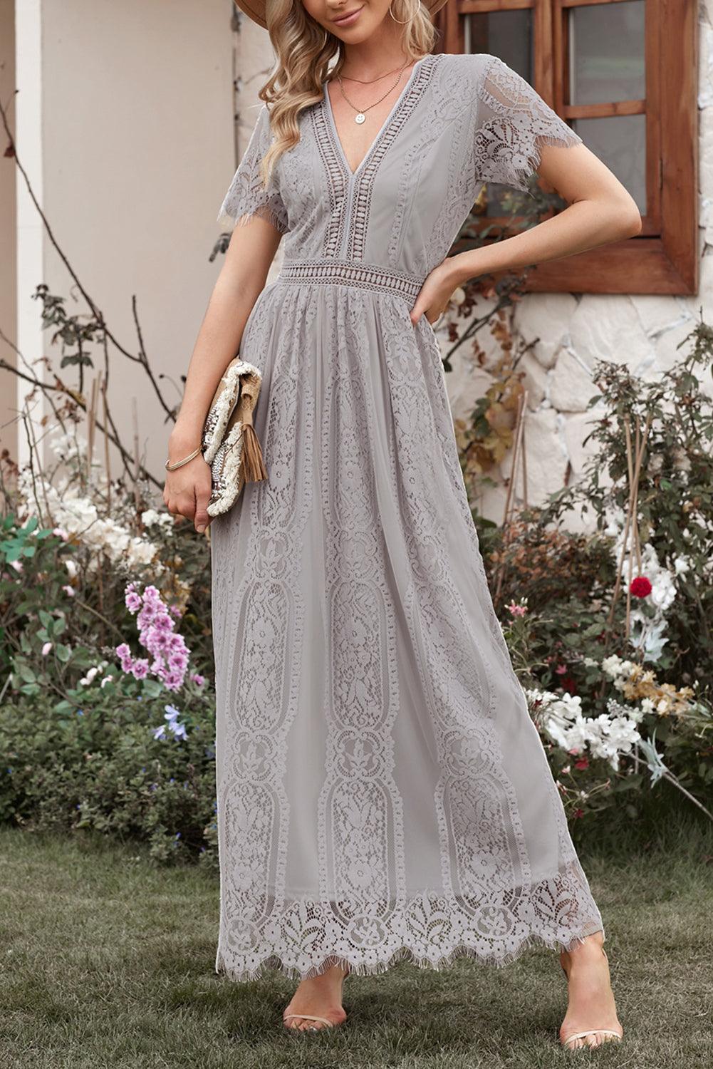 April - Elegant Royal Lace Maxi Dress with V-Neckline