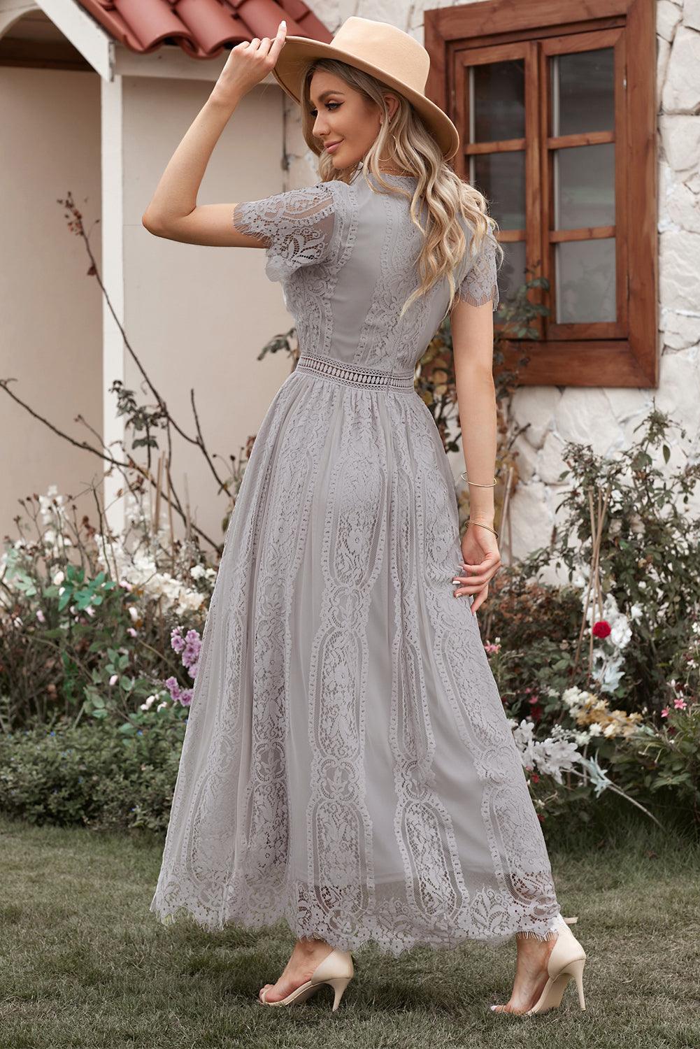 April - Elegant Royal Lace Maxi Dress with V-Neckline