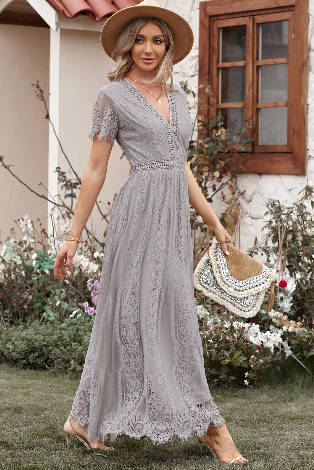 April - Elegant Royal Lace Maxi Dress with V-Neckline