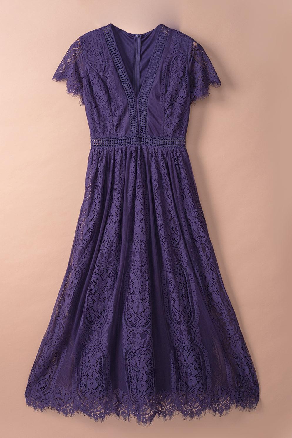 April - Elegant Royal Lace Maxi Dress with V-Neckline