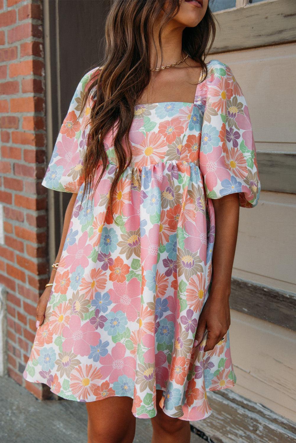 Nina - Floral Puff Sleeve Square Neck Babydoll Dress