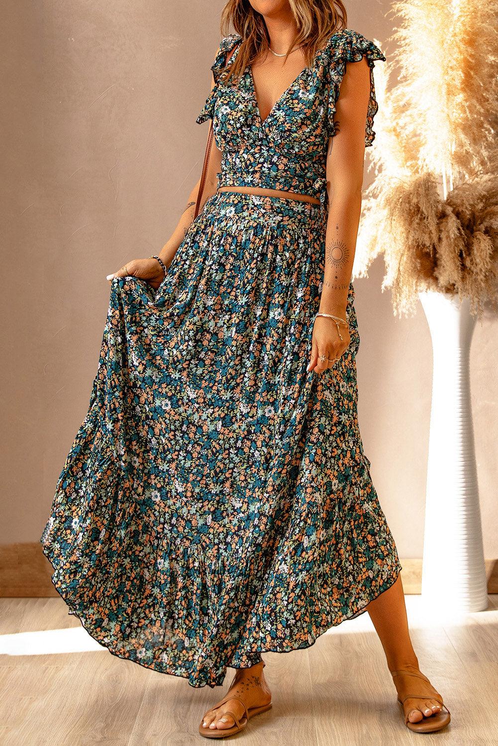 Aisling - Floral Ruffled Crop Top & Maxi Skirt Ensemble