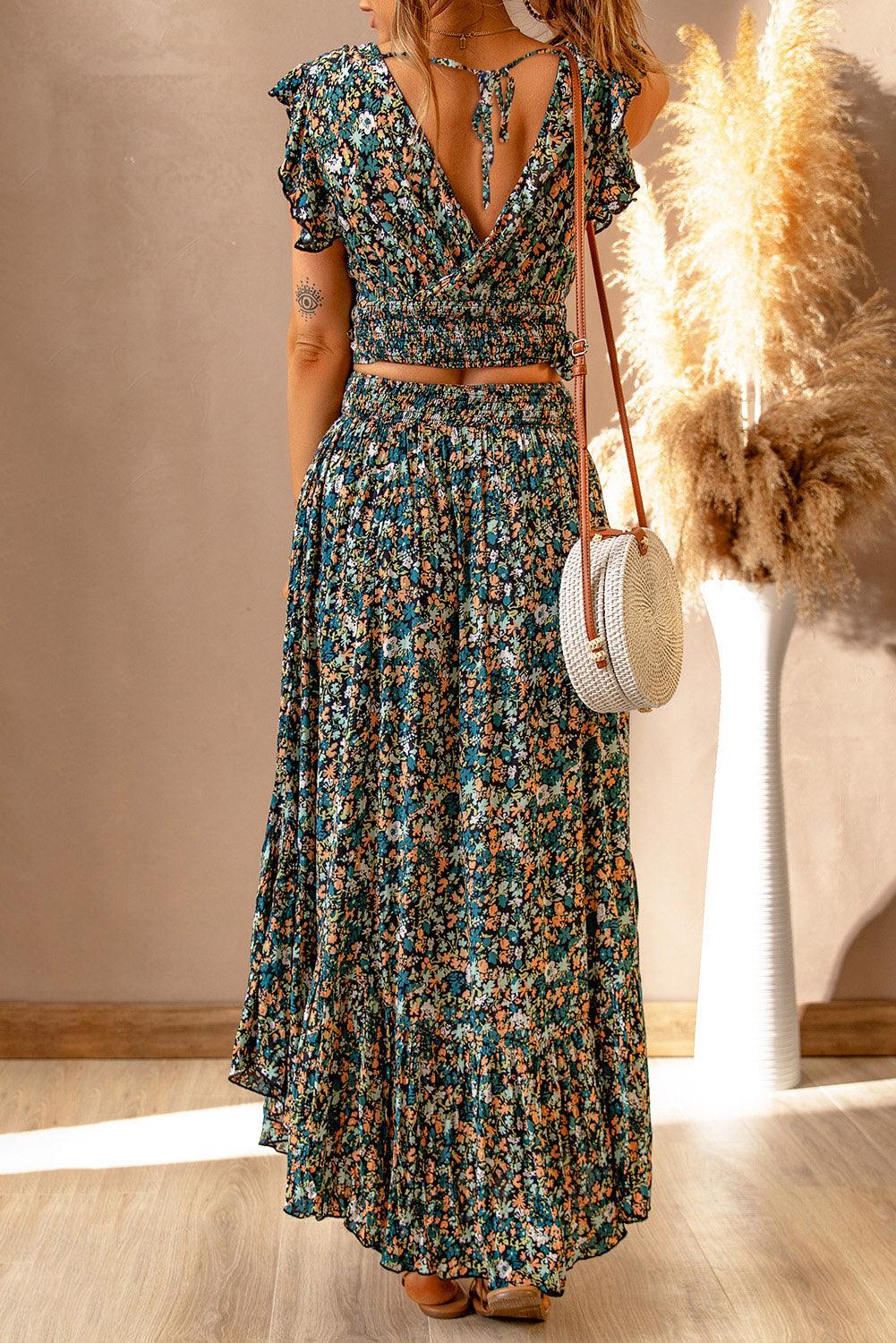 Aisling - Floral Ruffled Crop Top & Maxi Skirt Ensemble