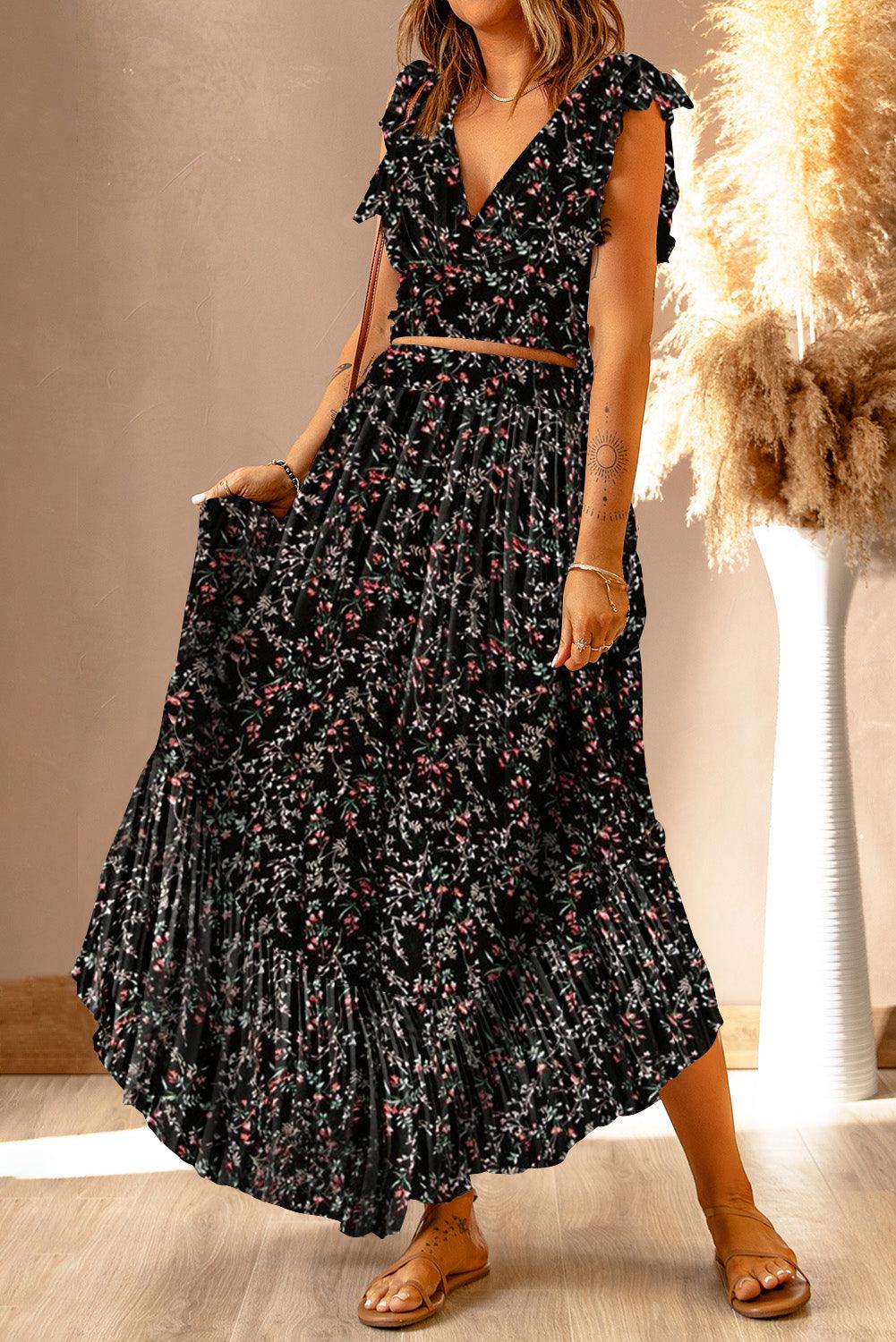 Aisling - Floral Ruffled Crop Top & Maxi Skirt Ensemble