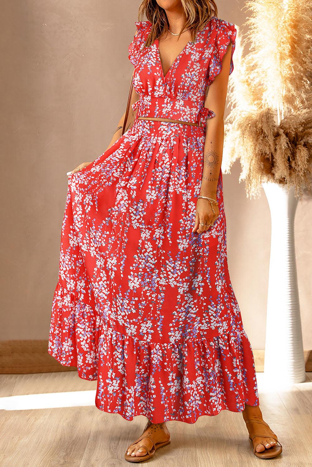 Aisling - Floral Ruffled Crop Top & Maxi Skirt Ensemble