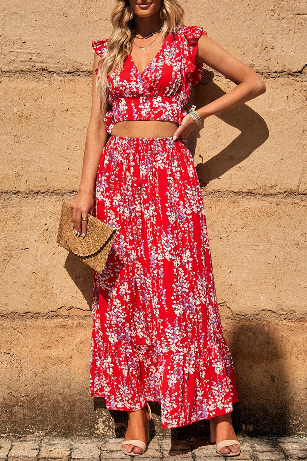 Aisling - Floral Ruffled Crop Top & Maxi Skirt Ensemble