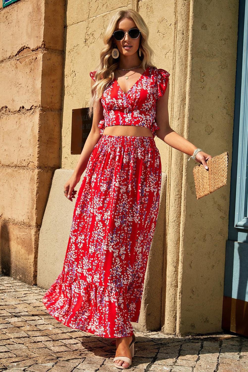 Aisling - Floral Ruffled Crop Top & Maxi Skirt Ensemble