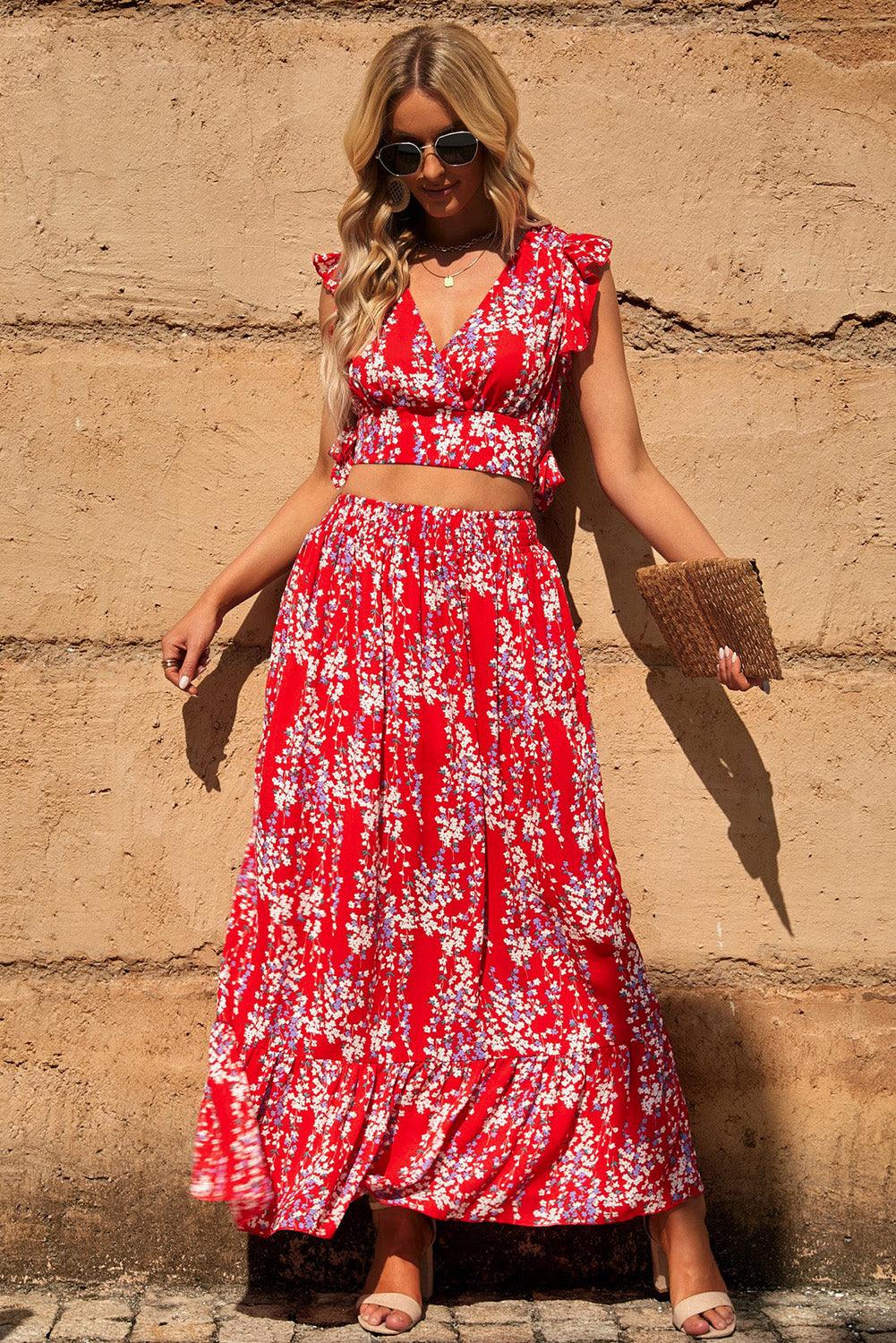 Aisling - Floral Ruffled Crop Top & Maxi Skirt Ensemble