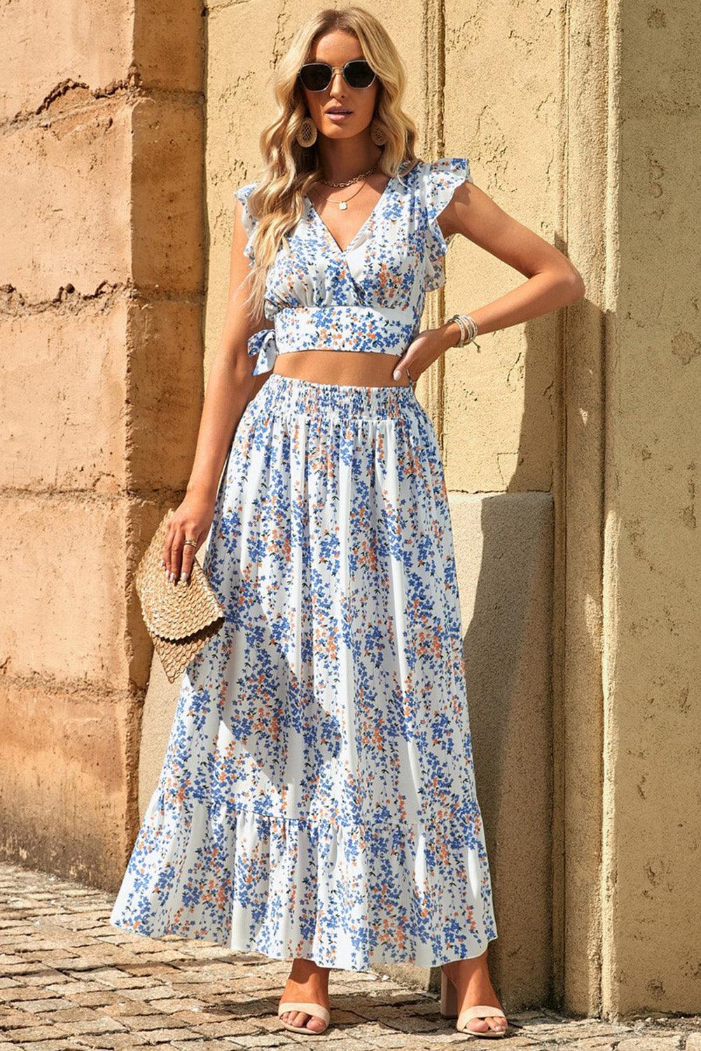 Aisling - Floral Ruffled Crop Top & Maxi Skirt Ensemble