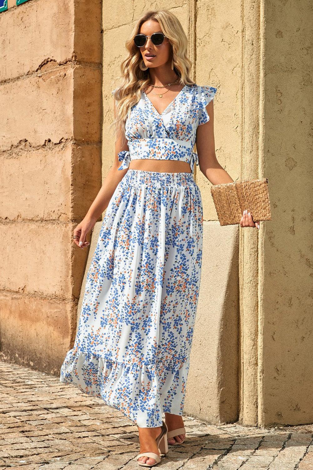 Aisling - Floral Ruffled Crop Top & Maxi Skirt Ensemble