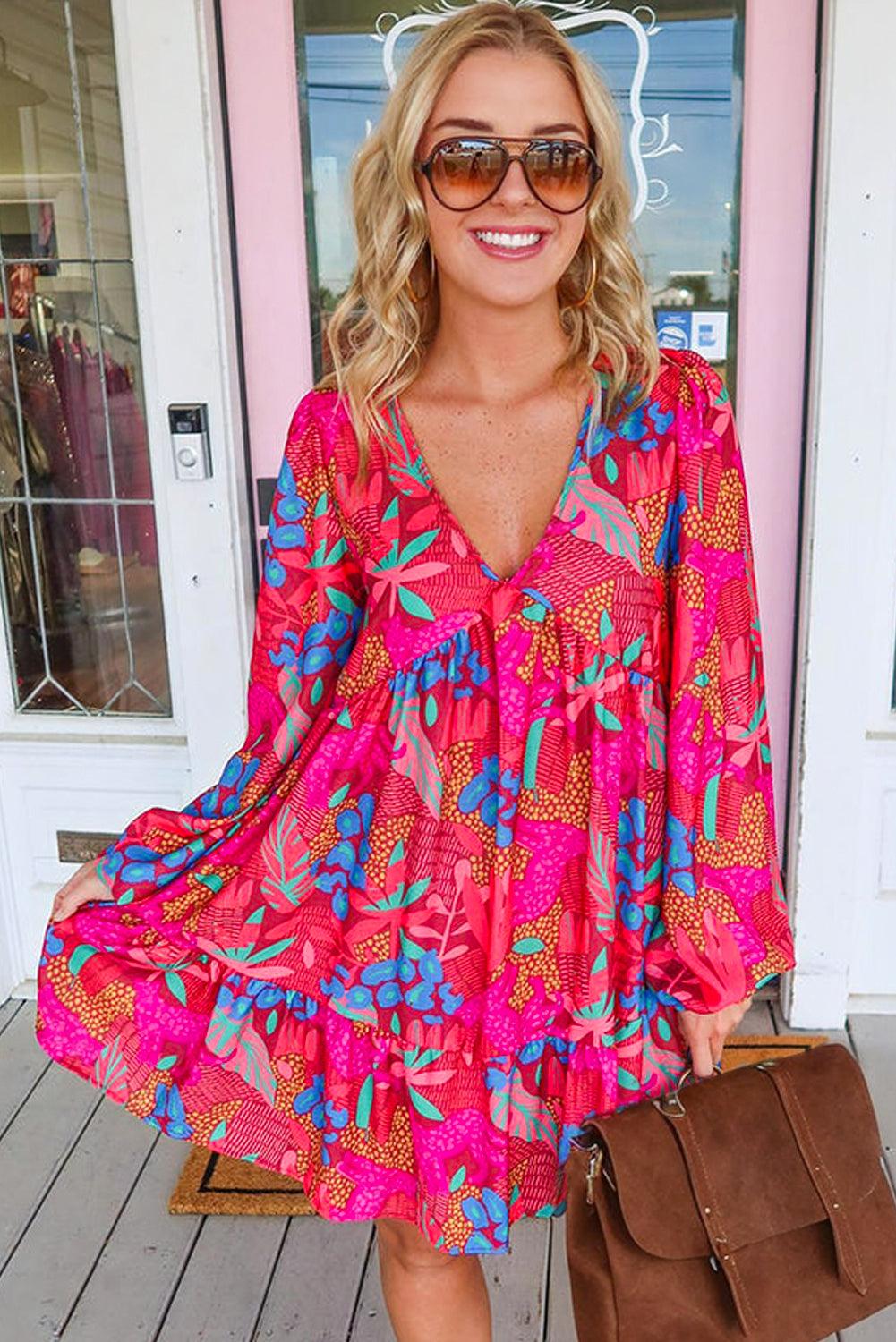 Kaia - Floral V-Neck Bubble Sleeve Ruffled Mini Dress